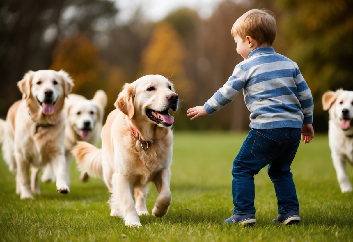 A golden retriever wagging its tail, approaching a child with a big smile, while other dogs play happily in the background