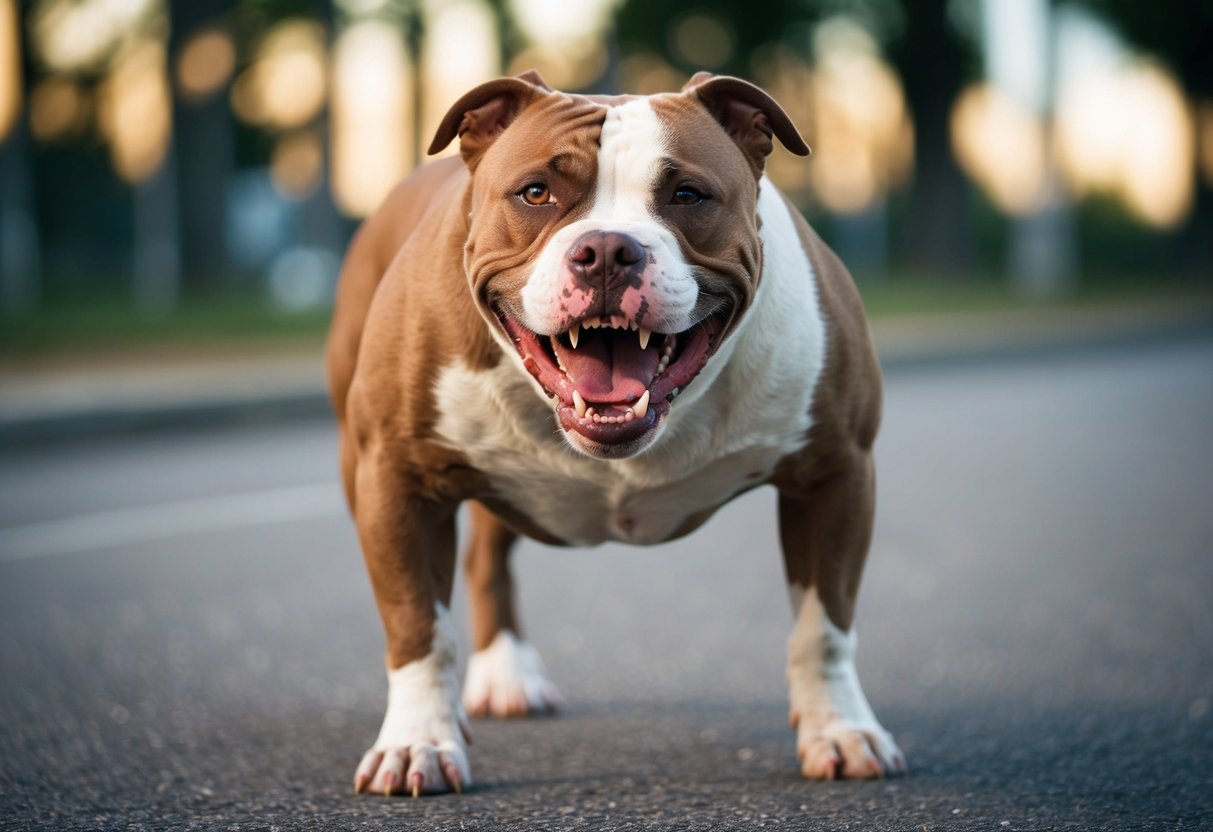 A snarling pit bull lunges forward, teeth bared, in a defensive stance