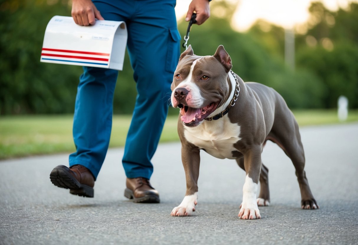 A pit bull lunges at a mail carrier's leg, teeth bared