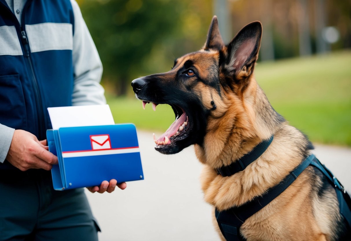 A German Shepherd snarling at a mail carrier