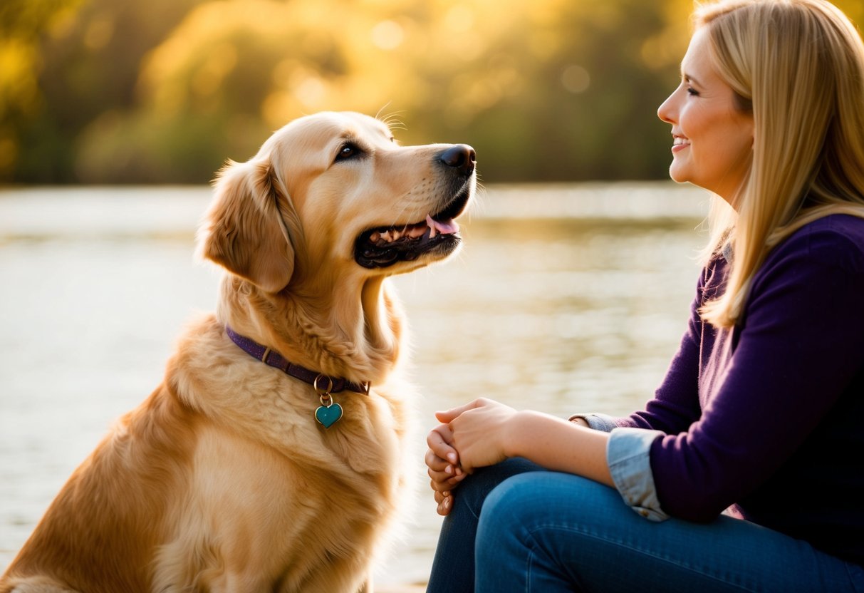 A golden retriever sitting by its owner's side, gazing up at them with adoring eyes