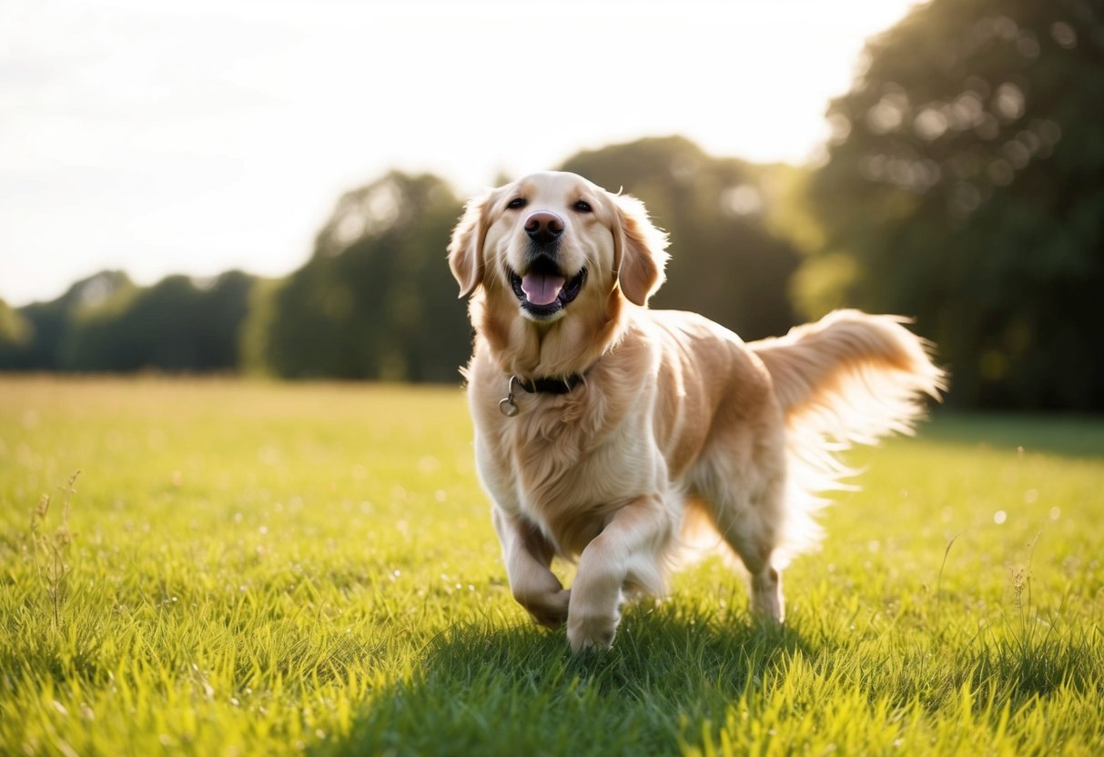 A golden retriever playing in a sunlit field, with a joyful expression and a wagging tail