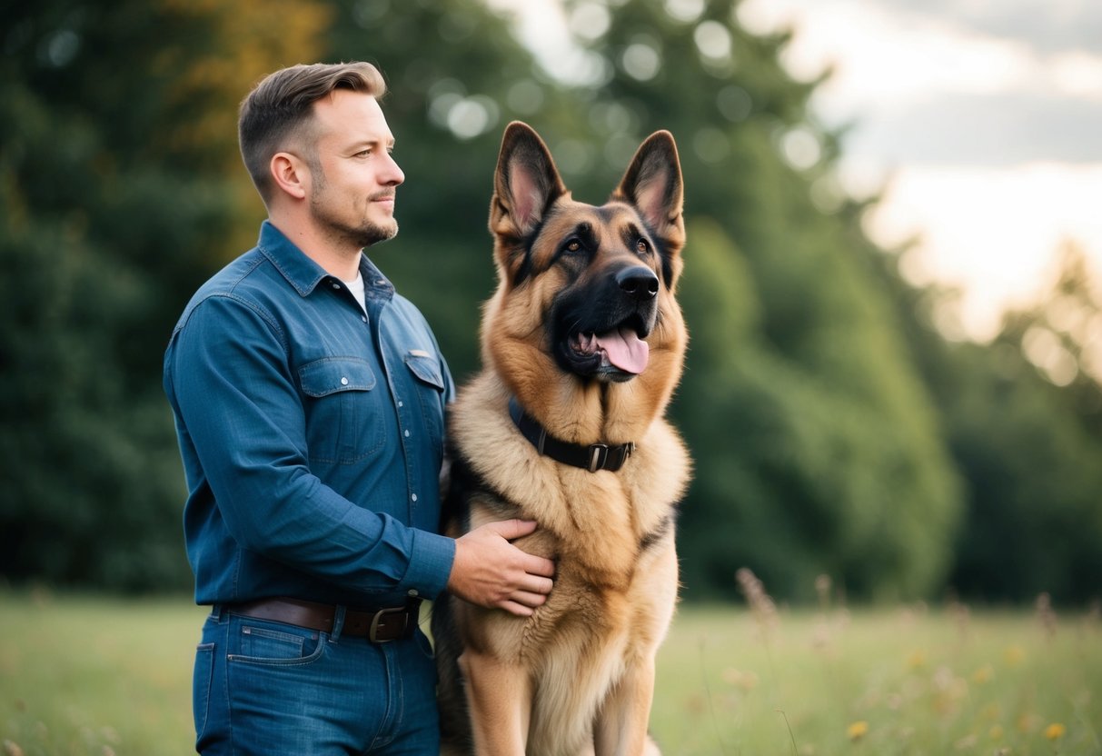 A loyal German Shepherd standing proudly by its owner's side, gazing up at them with unwavering devotion