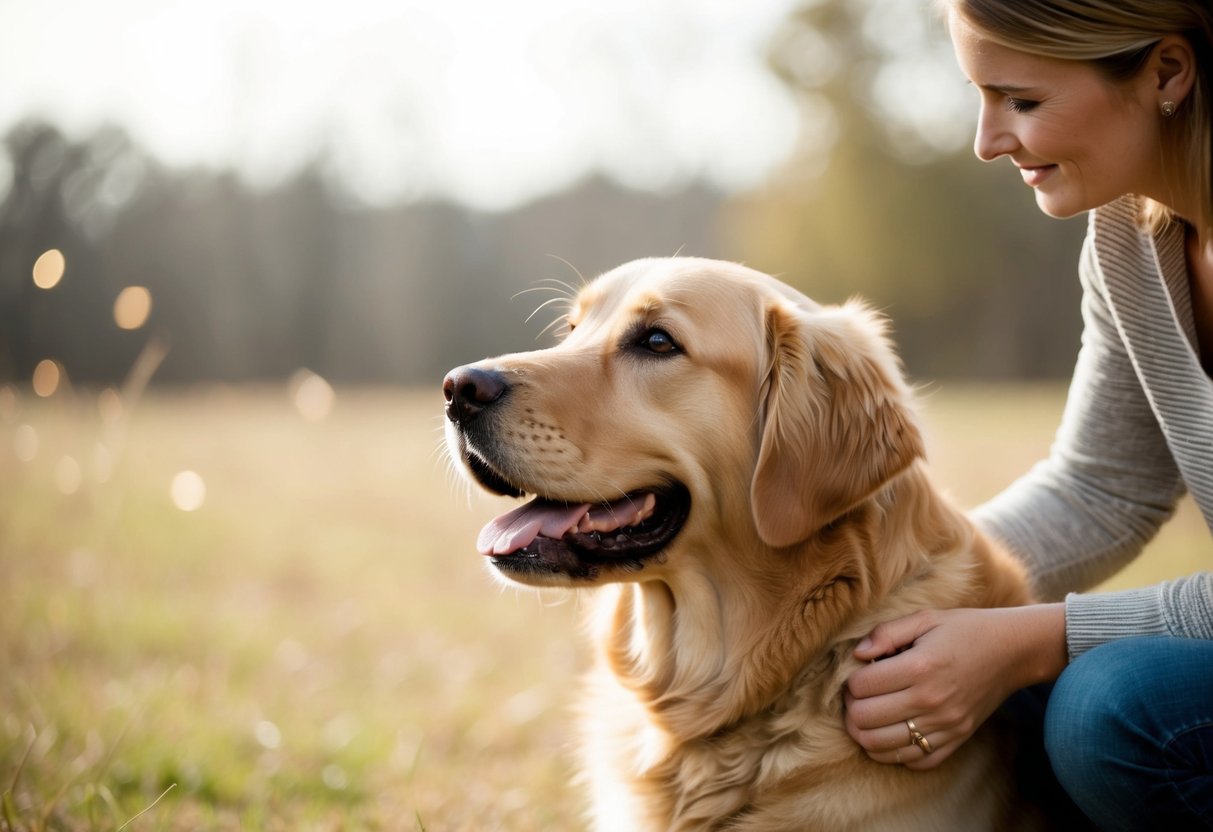 A golden retriever sits by its owner's side, gazing up with adoring eyes