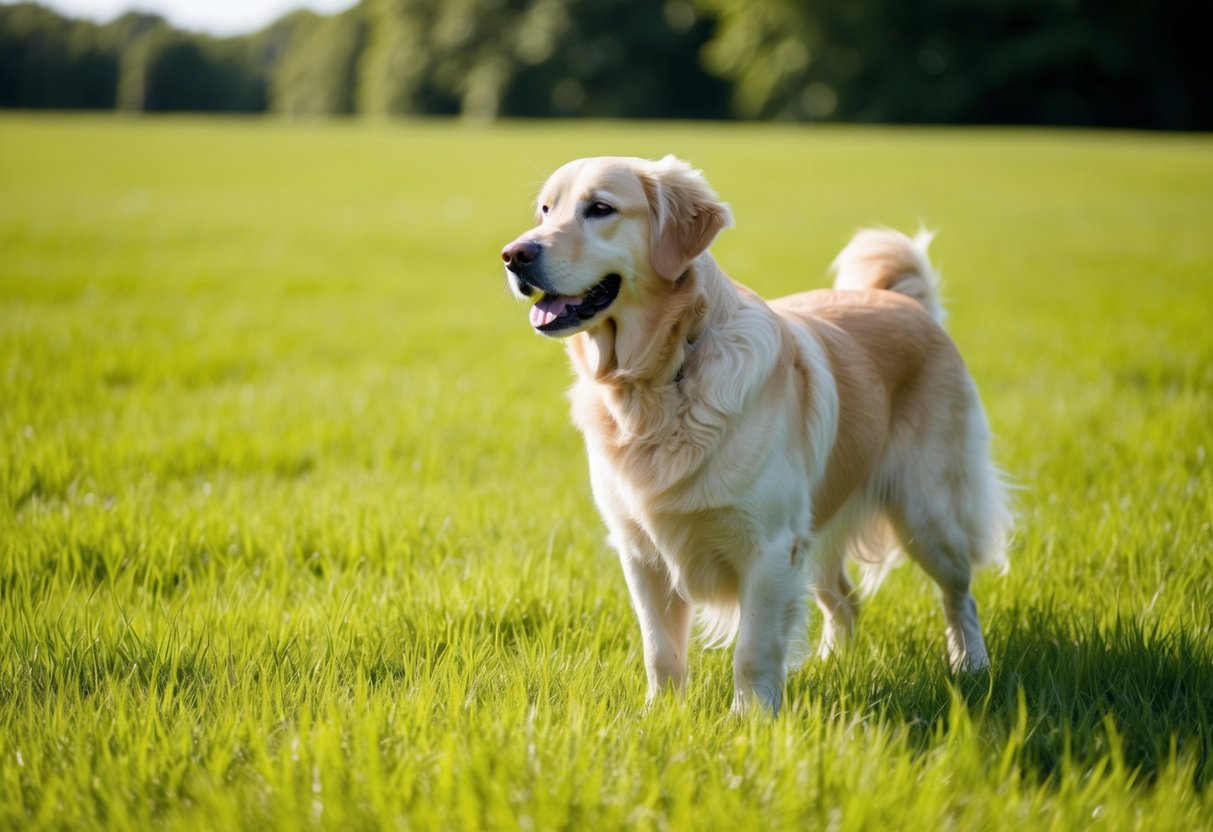 A golden retriever standing proudly in a lush green field, its shiny coat catching the sunlight as it looks off into the distance with a friendly, alert expression
