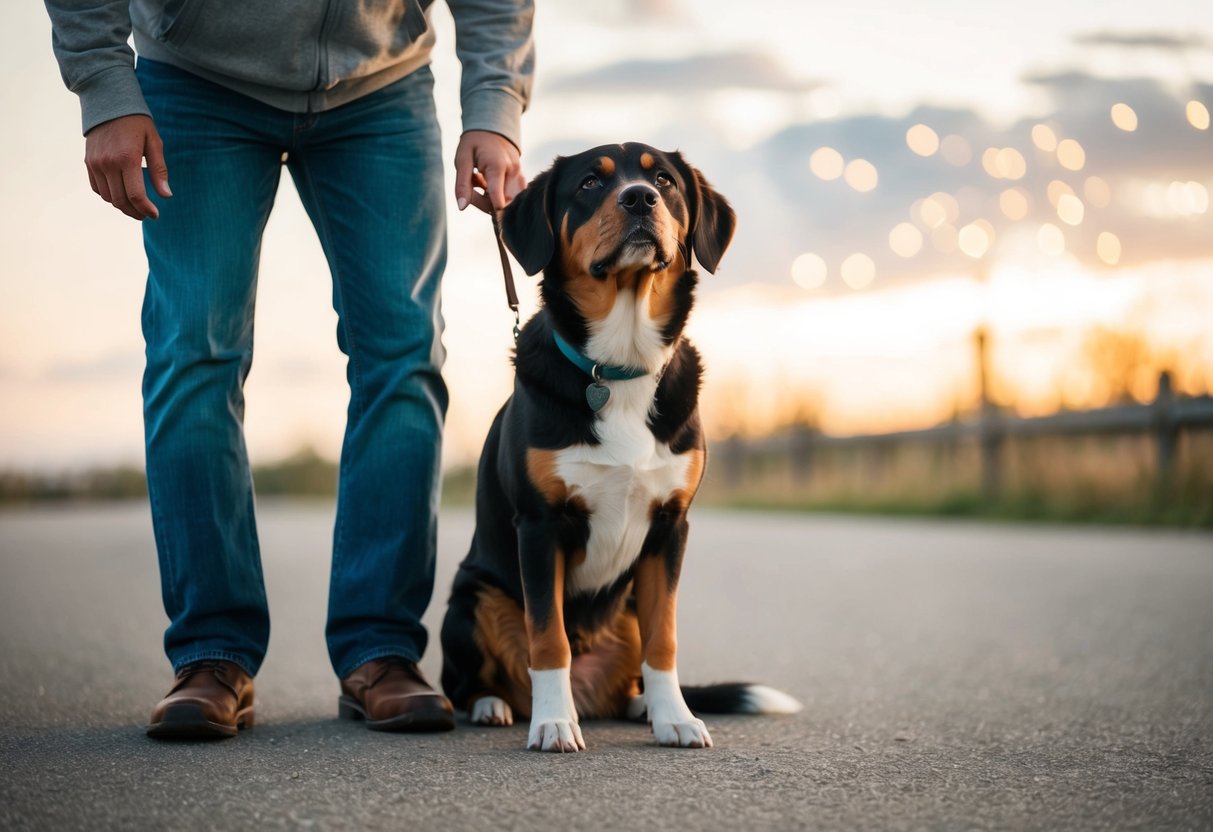A loyal dog sitting at the feet of its owner, gazing up with adoring eyes