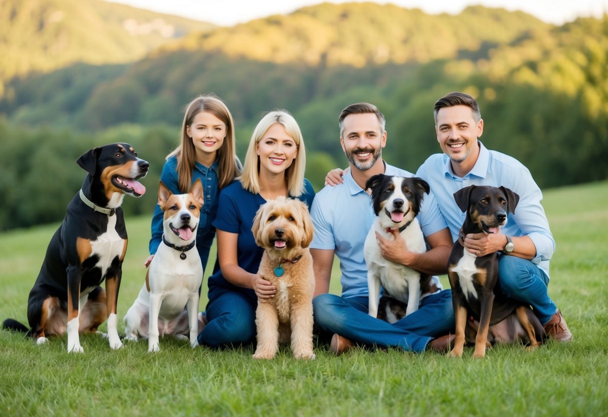 A happy family of four people, sitting on a grassy hill, surrounded by a variety of different dog breeds. Each dog is happily interacting with the family, showcasing their unique characteristics and personalities