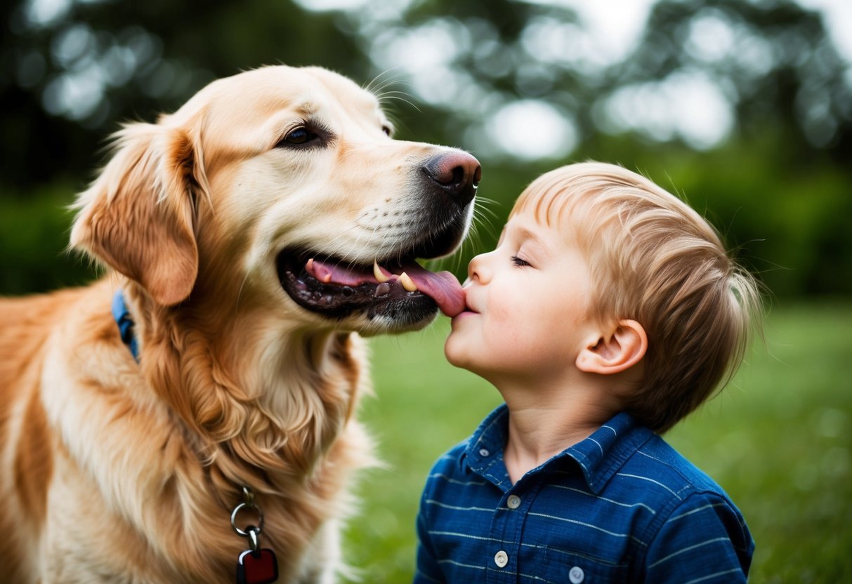 A golden retriever licks a child's face with enthusiasm