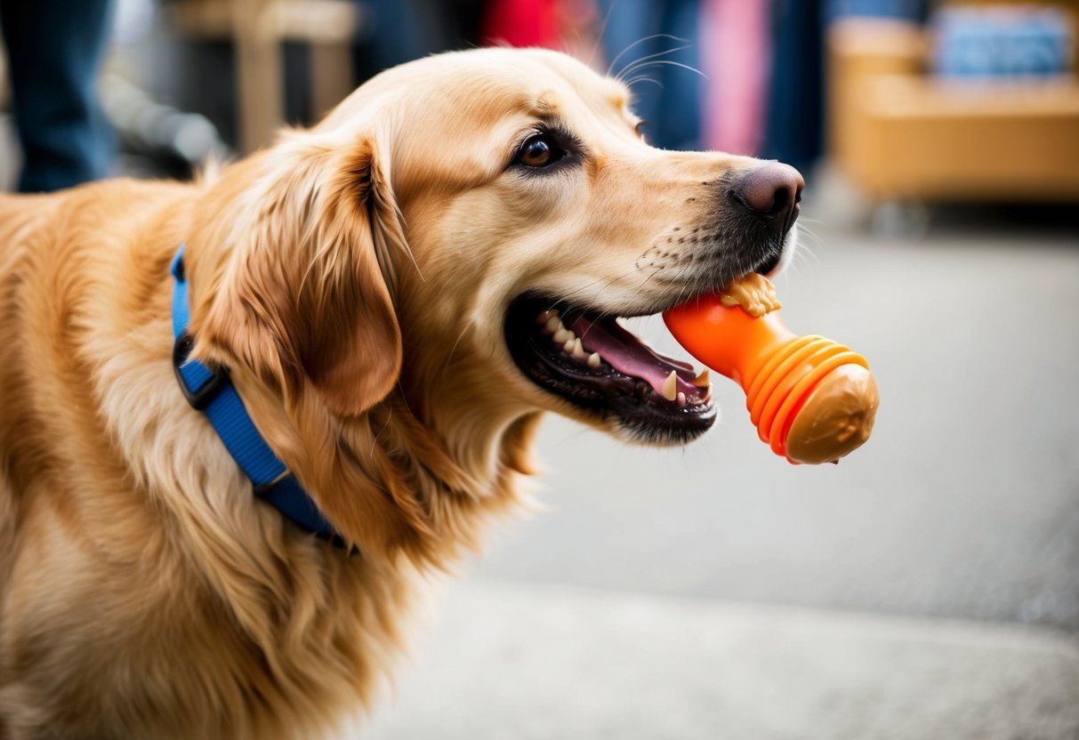 A golden retriever licks eagerly at a peanut butter-filled Kong toy, its tail wagging with excitement