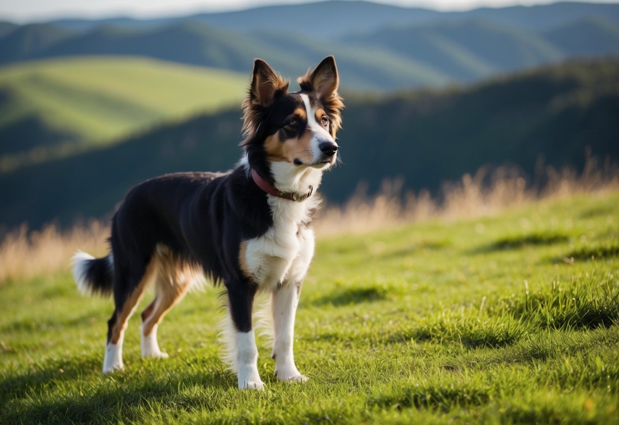 A boy dog stands proudly on a grassy hill, his ears perked up as he gazes into the distance. The wind ruffles his fur as he exudes confidence and strength