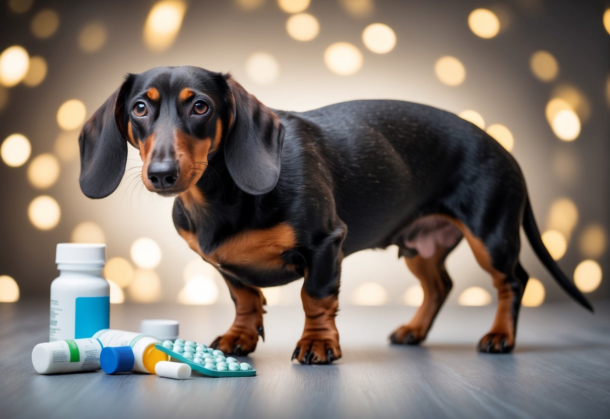 A pained, elderly Dachshund struggles to walk with a hunched back and arthritic legs, surrounded by medication and a sad expression