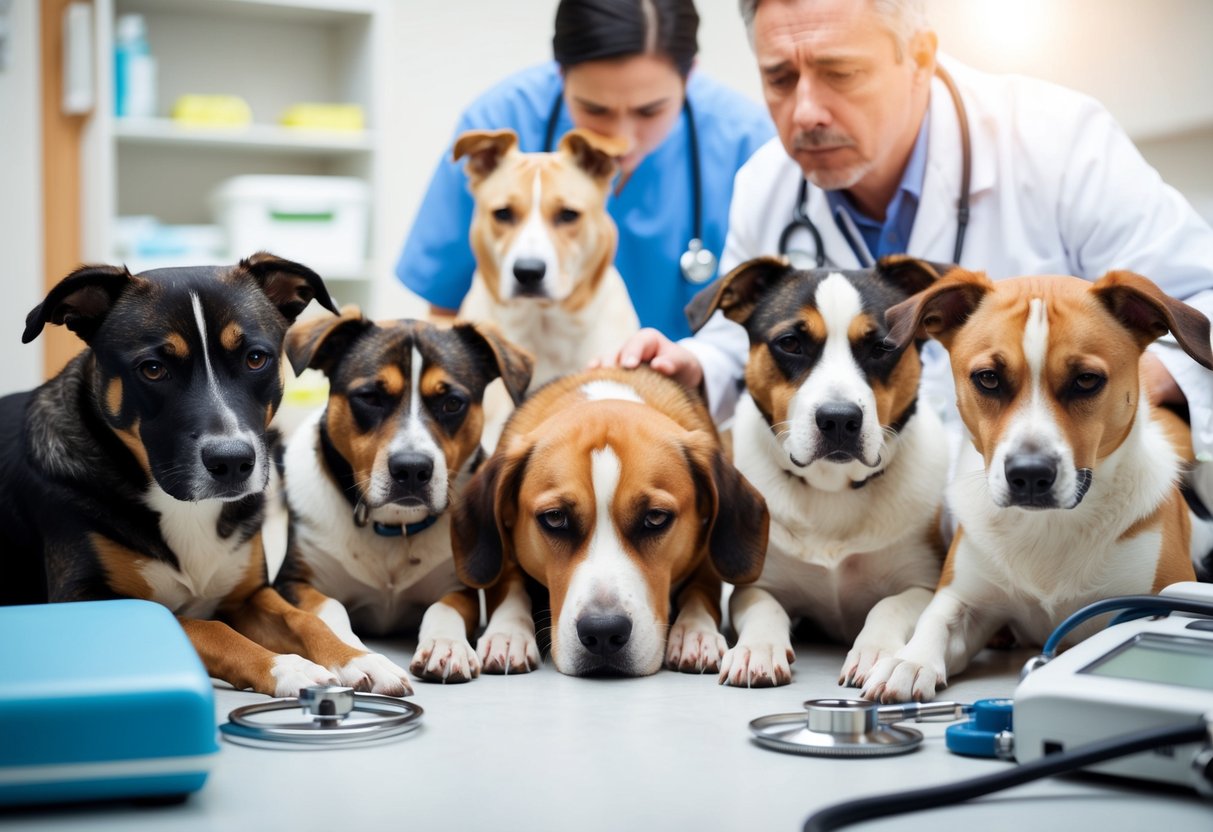 A group of sad-looking dogs of various breeds, with one breed looking particularly distressed, surrounded by medical equipment and a concerned veterinarian