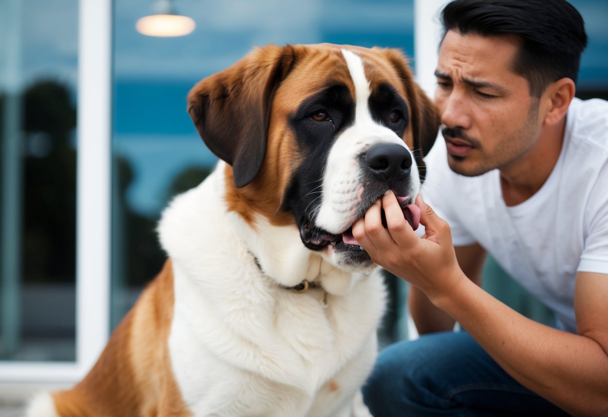 A St. Bernard dog licking its paw excessively, with a concerned owner looking on