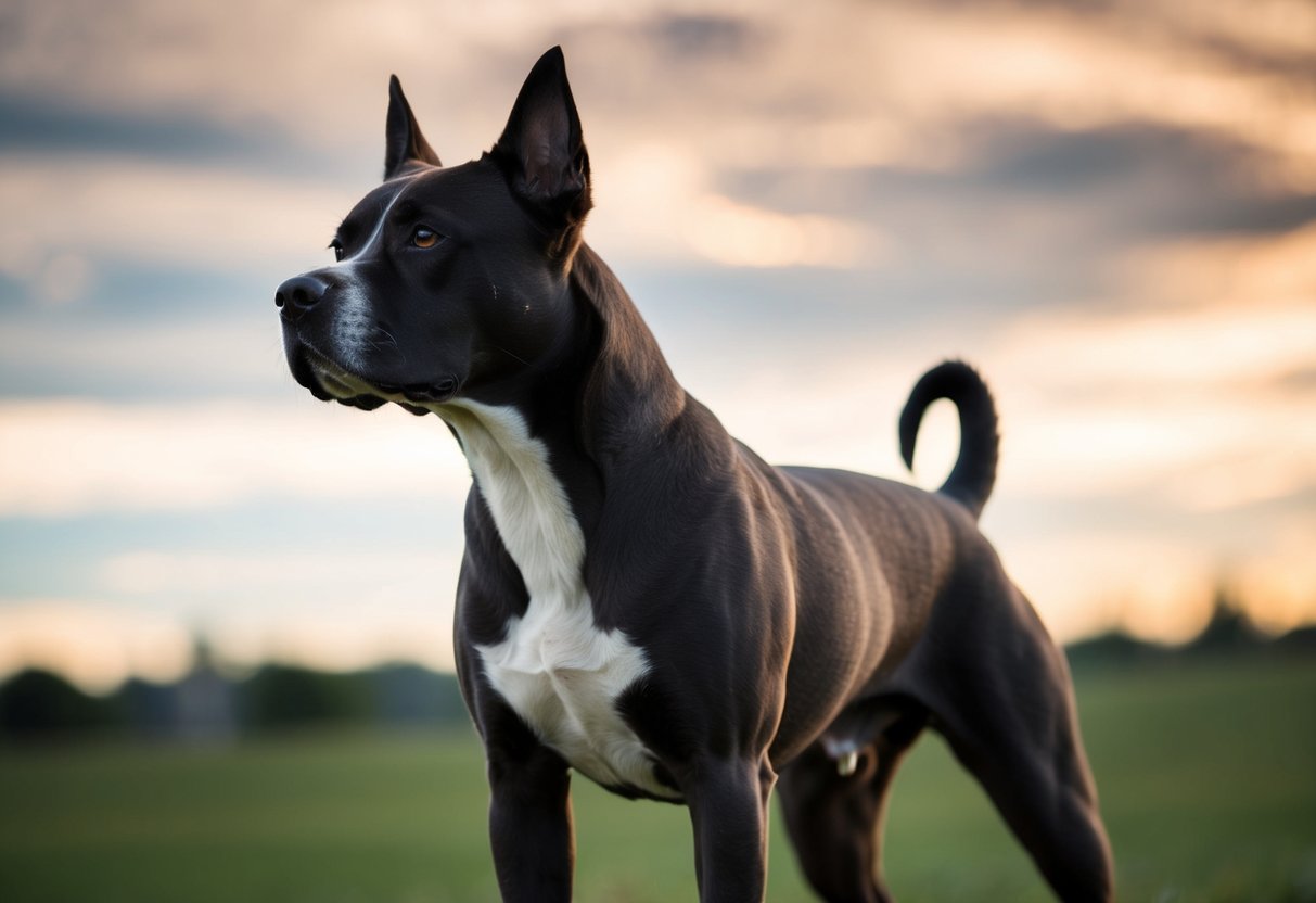 A sleek, strong dog with a confident stance, looking off into the distance with a determined expression