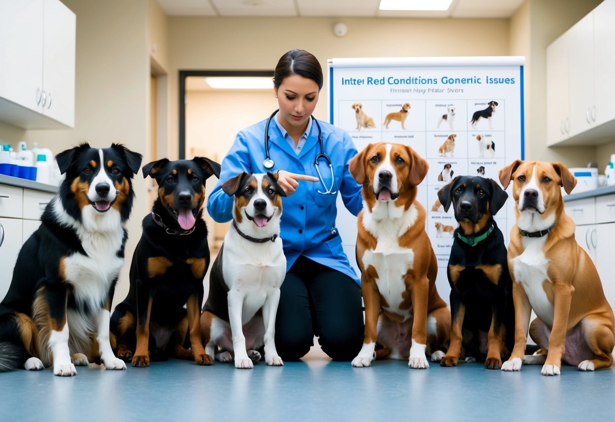 A group of dogs from various breeds sit in a veterinary clinic, each with a concerned owner. The veterinarian points to a chart showing different inherited conditions and genetic issues