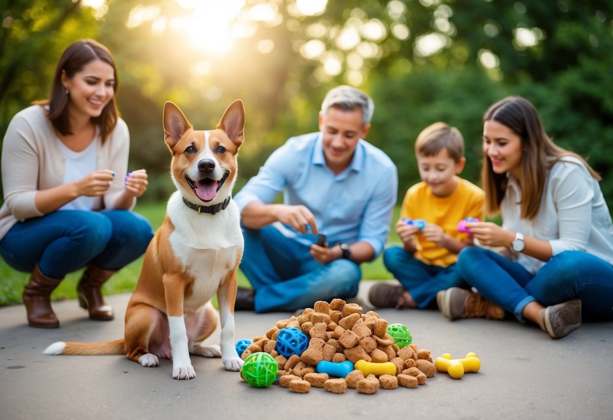 A happy boy dog with a wagging tail, sitting next to a pile of dog toys and treats, while a family brainstorm names for him