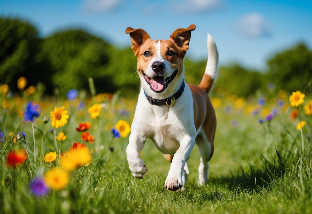 A happy boy dog running through a grassy field, with a big smile and wagging tail, surrounded by colorful flowers and a bright blue sky