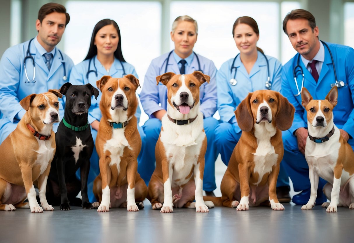 A group of purebred dogs with various health issues, one breed standing out as the most affected, surrounded by concerned veterinarians and researchers