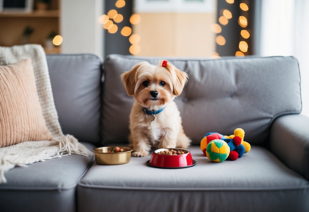 A small fluffy dog sitting on a cozy couch, surrounded by toys and a food bowl