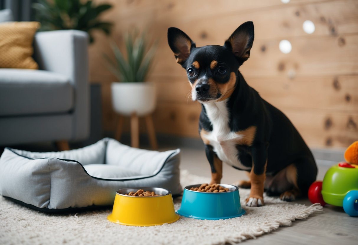 A small breed dog sitting next to a bowl of food and water, with a cozy bed and toys nearby
