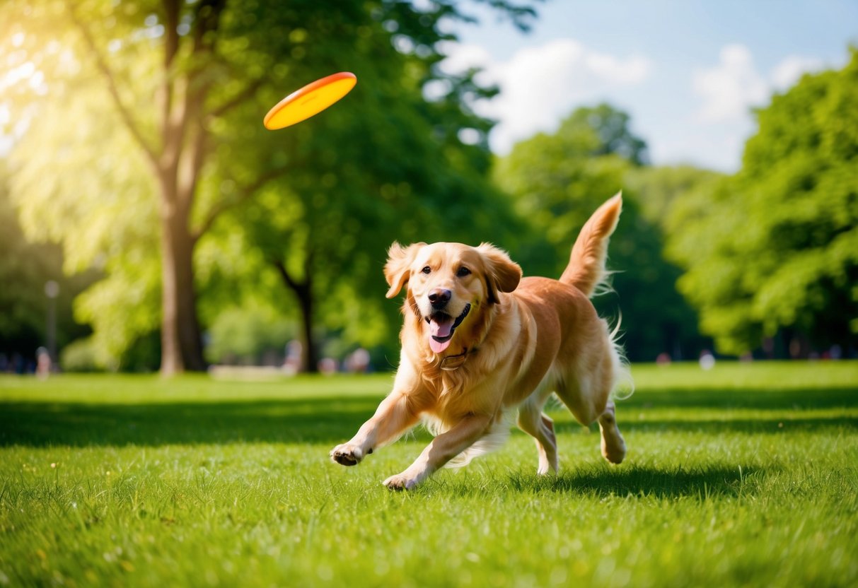 A lively golden retriever running through a lush green park, chasing after a frisbee thrown by its owner on a sunny day