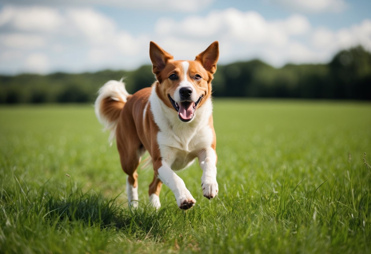 A happy, energetic dog running through a green, open field, with a shiny coat and bright eyes, surrounded by nature