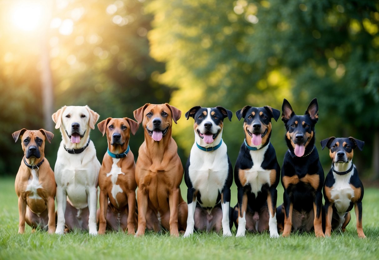 A group of various dog breeds standing side by side, each looking healthy and vibrant, representing the diversity of health considerations for specific breeds