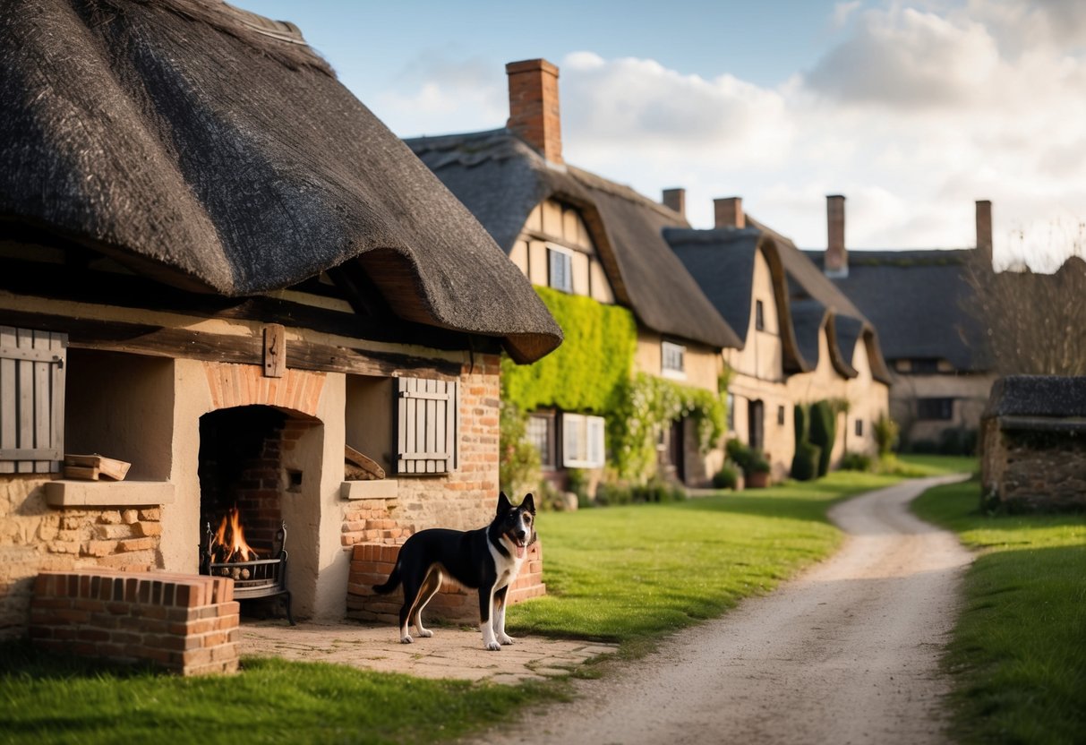 A medieval village with a thatched roof cottage and a loyal canine companion by the hearth