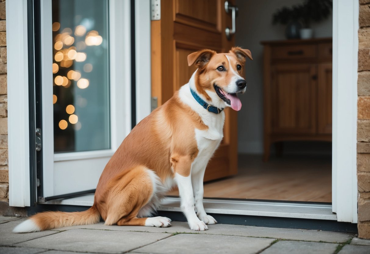 A loyal dog waiting patiently by the front door, tail wagging and eyes focused on the entrance, eagerly awaiting the return of its owner