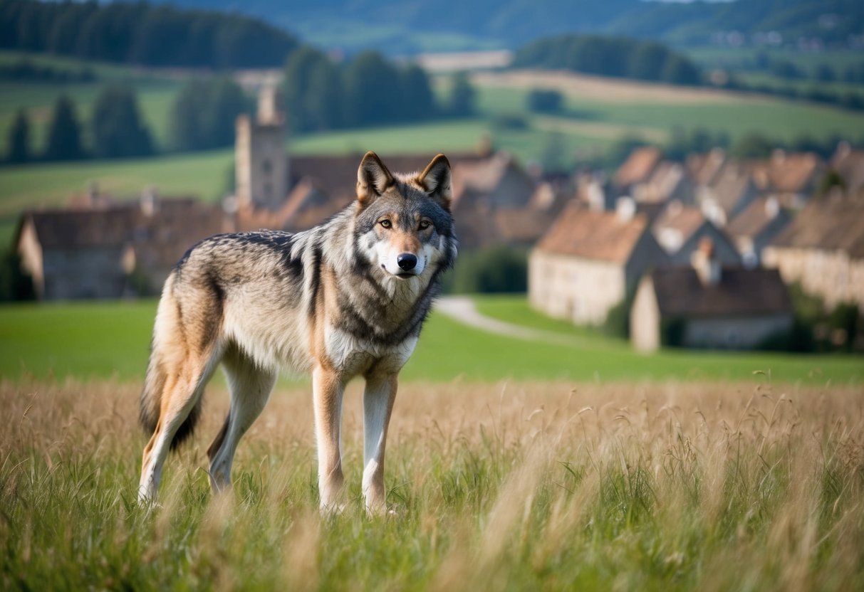 A wolf-like animal standing in a field, with a medieval village in the background