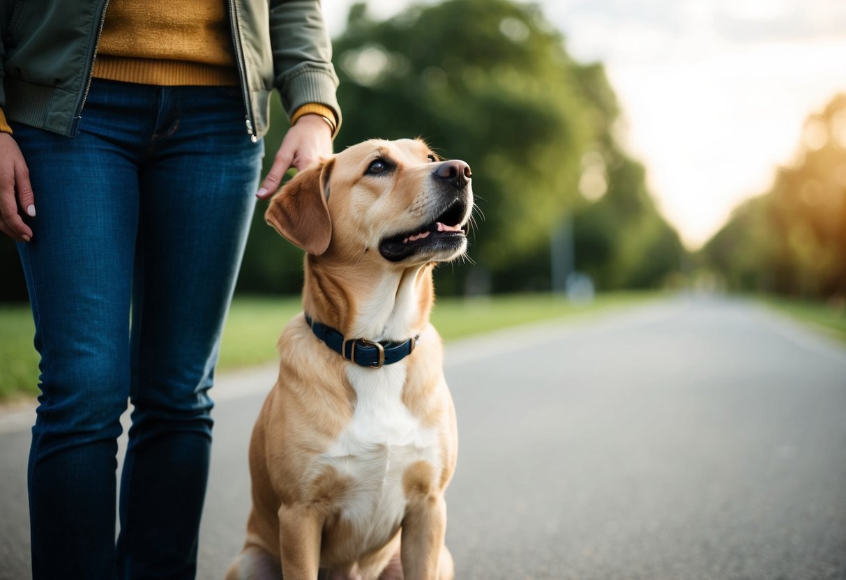 A loyal dog standing by a person's side, gazing up with adoration and devotion