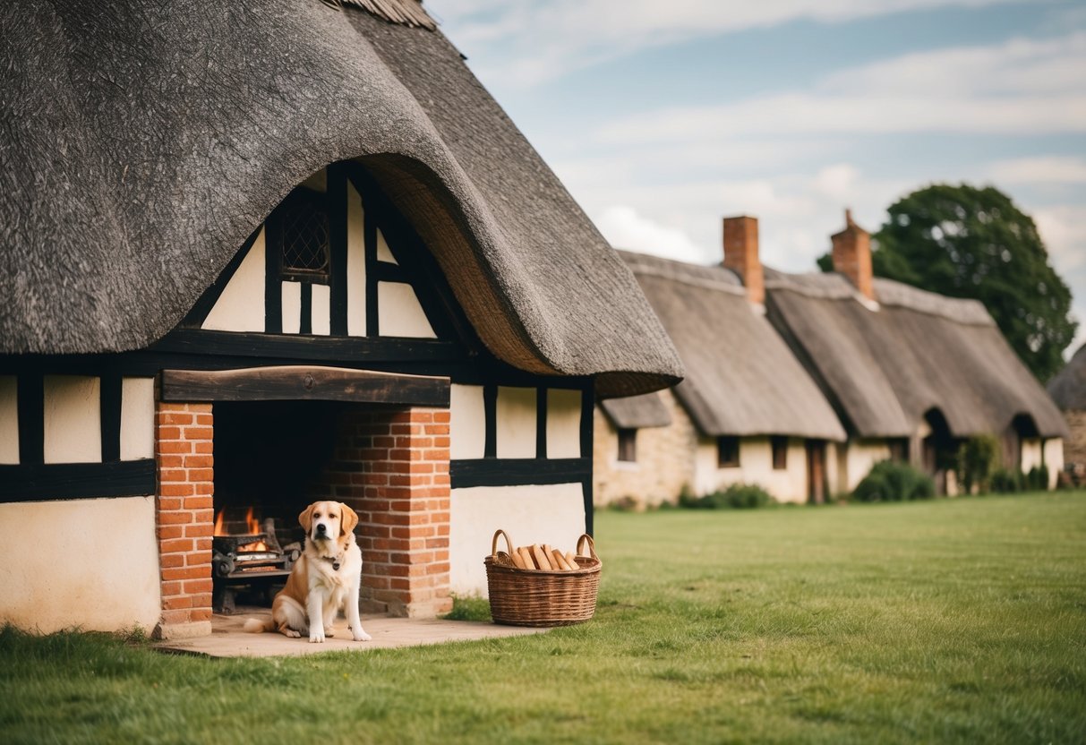 A medieval village with a thatched roof cottage and a loyal dog by the hearth