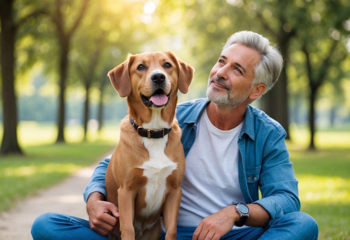A loyal dog sitting beside its owner, gazing up with adoring eyes as they enjoy a peaceful walk in a serene park setting