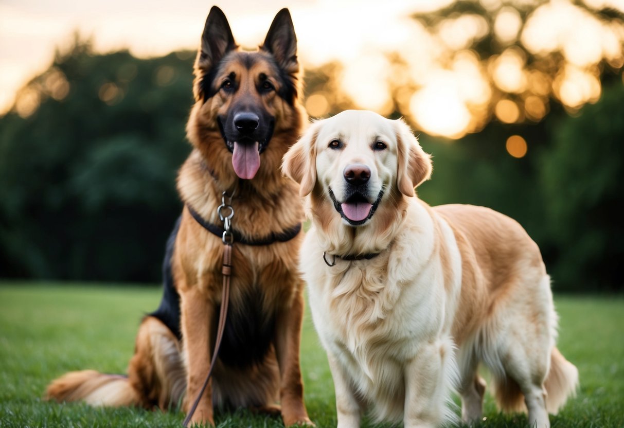 A loyal Golden Retriever stands by a faithful German Shepherd, showcasing the unique bonds across breeds