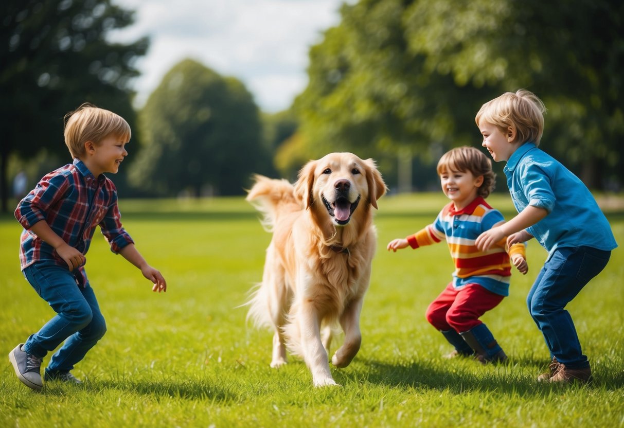 A joyful golden retriever playing with children in a grassy park