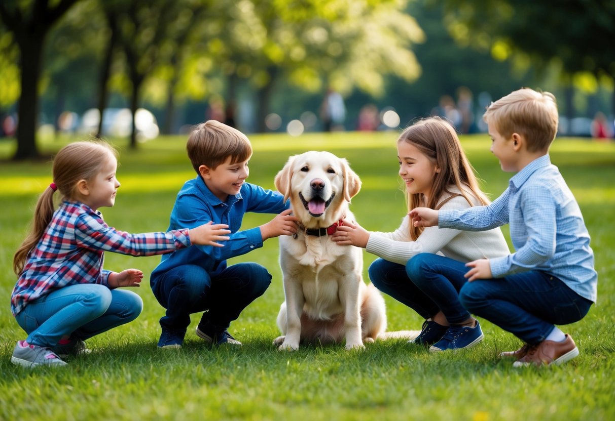 A group of kids playing with a friendly and gentle dog breed such as a Labrador Retriever or Golden Retriever in a park
