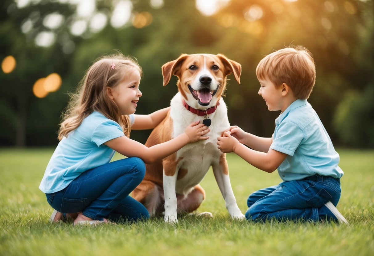 A joyful, playful dog interacting with children in a safe and friendly environment, showing a strong bond and mutual trust