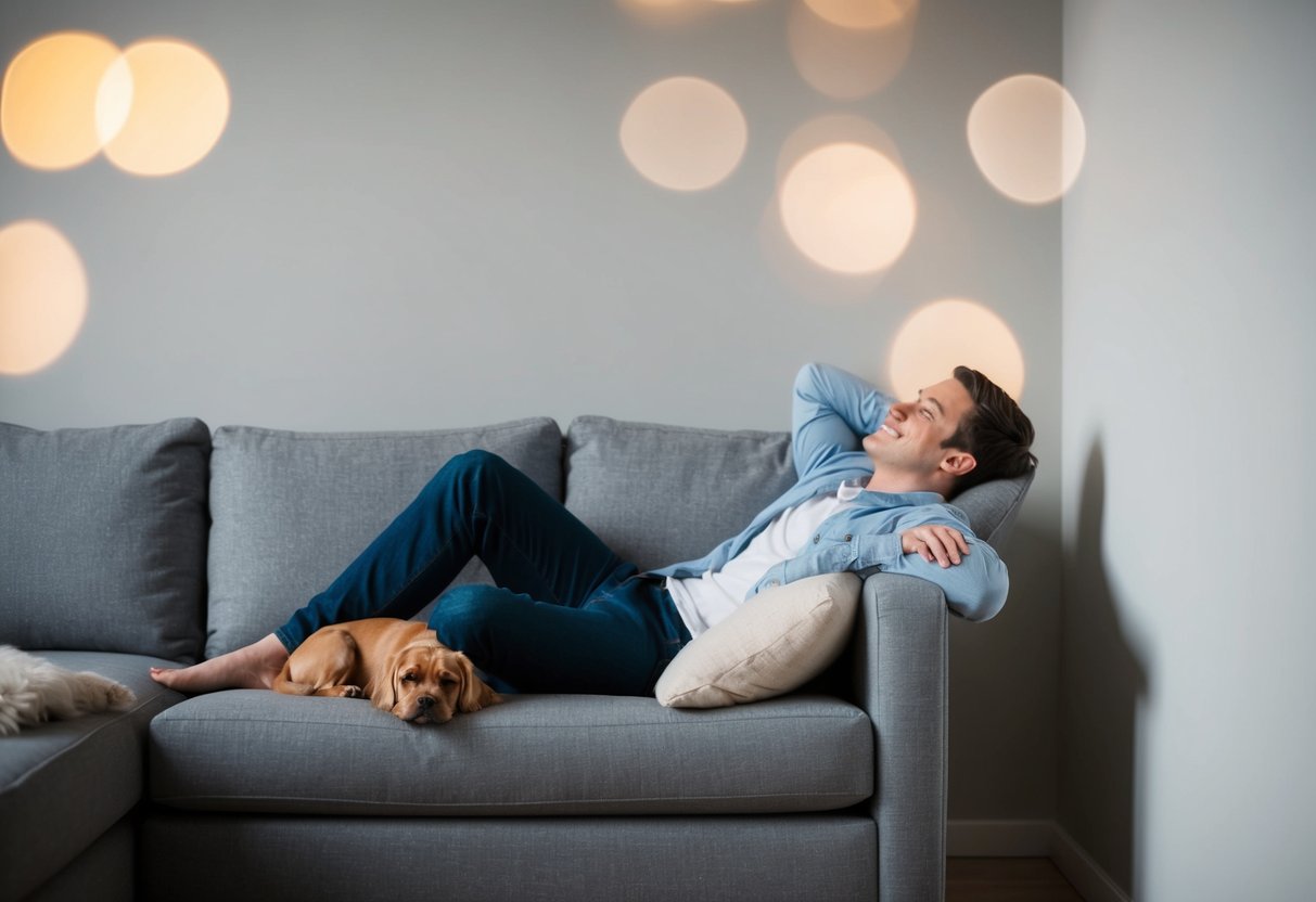 A person lounging on a couch with a small, relaxed dog curled up beside them