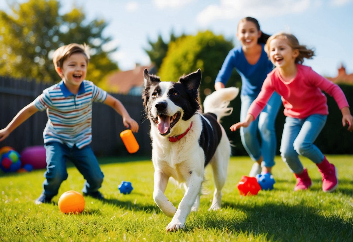 A joyful, energetic dog playing with children in a sunny backyard, surrounded by toys and laughter