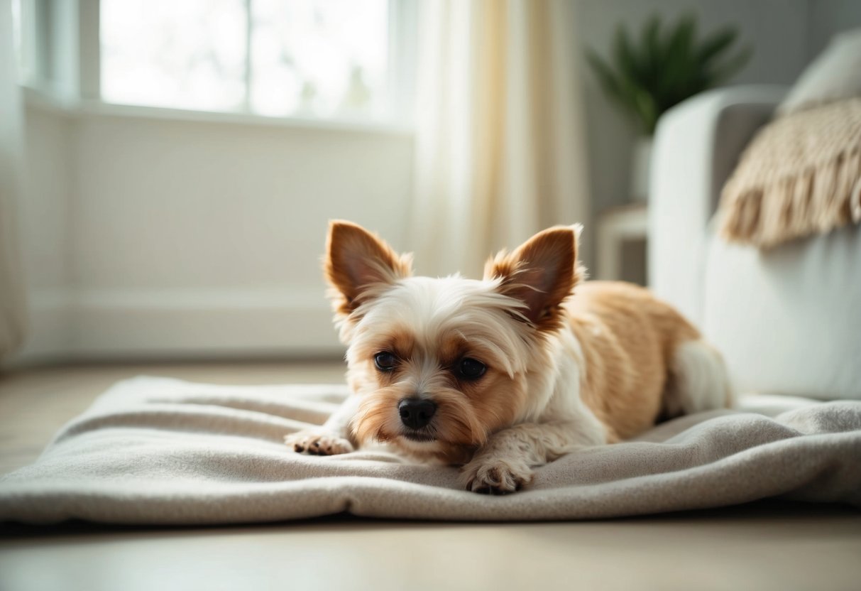 A small, peaceful dog lying on a soft blanket in a sunlit room, surrounded by quiet and serene surroundings