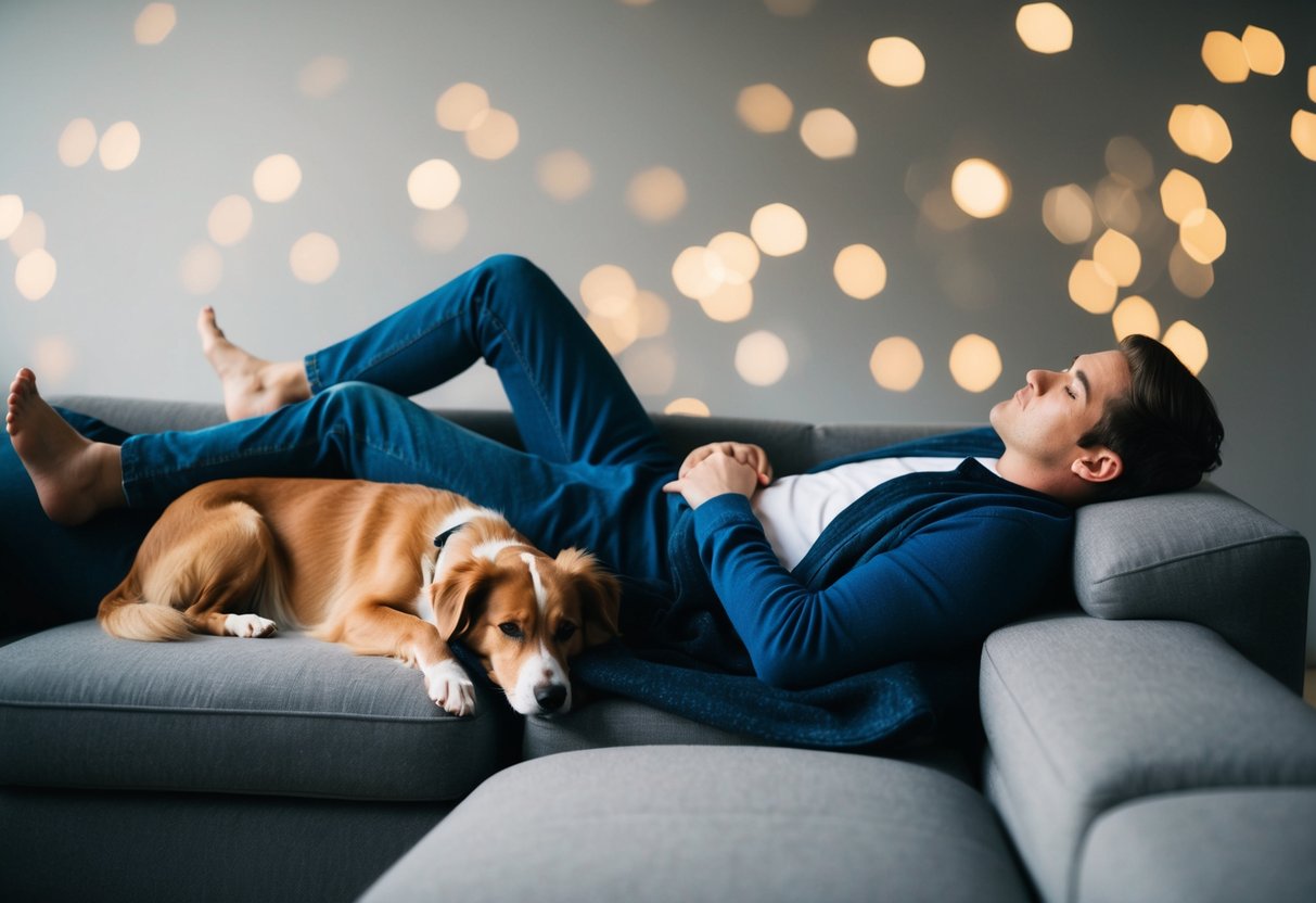 A person lounging on a sofa with a relaxed dog curled up beside them