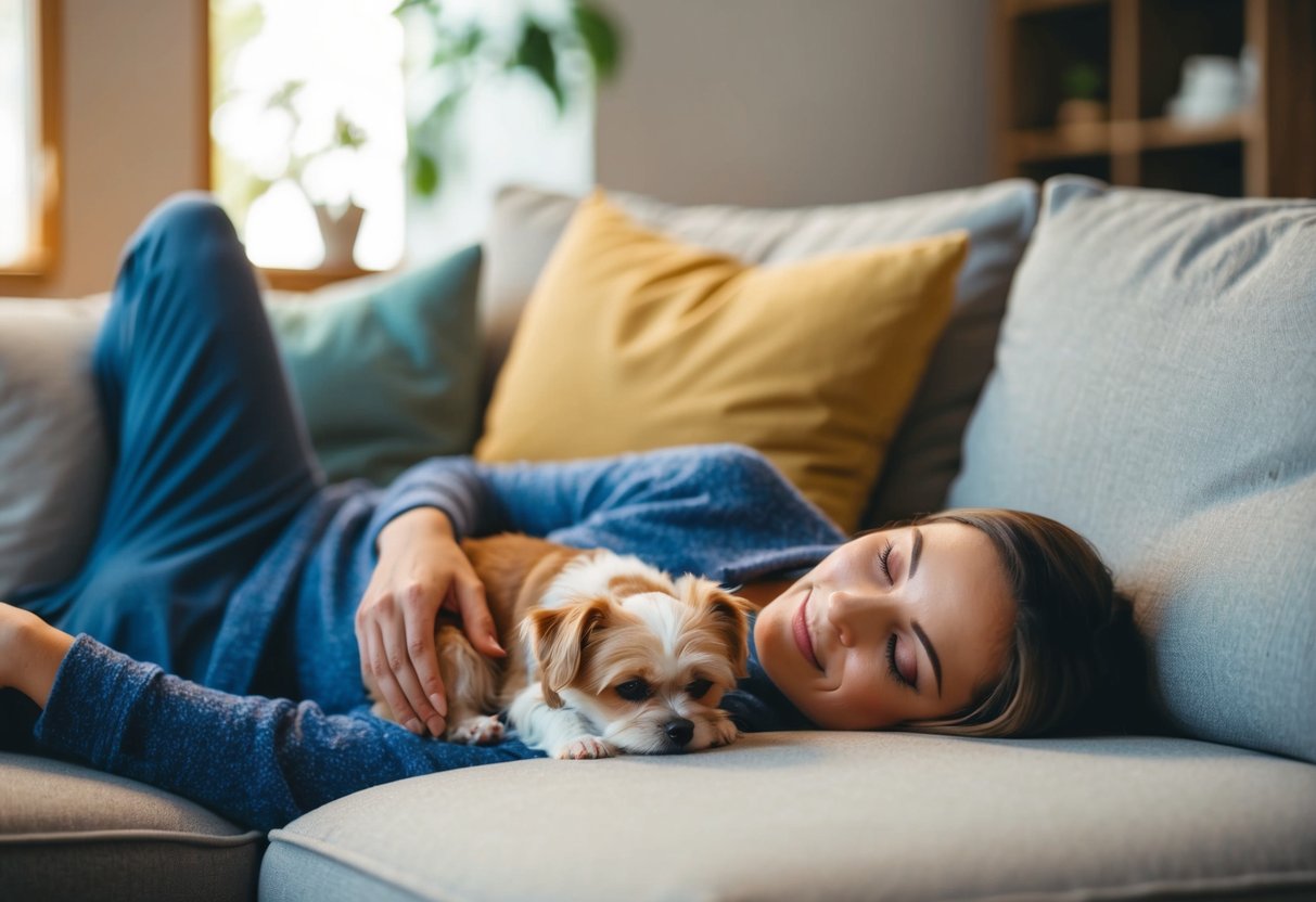 A relaxed person lounges on a cozy couch with a small, low-energy dog curled up beside them, both content and peaceful