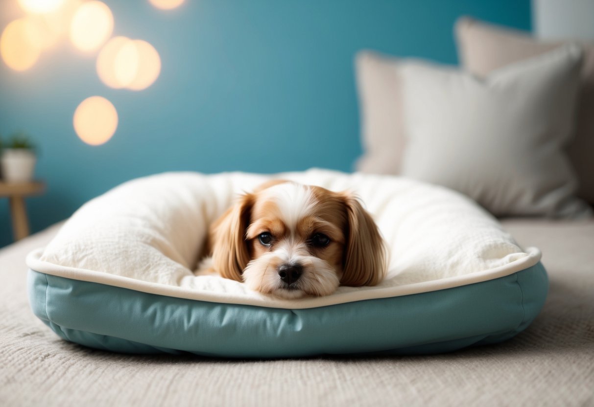 A serene small dog lying peacefully in a cozy bed, surrounded by a tranquil and inviting atmosphere with soft lighting and calming colors