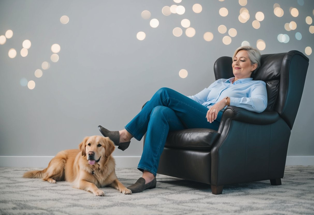 A relaxed person sitting on a comfortable chair with a calm, low-energy dog laying at their feet