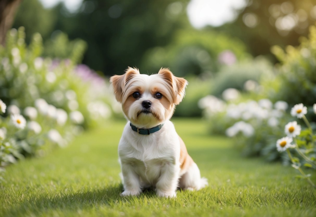 A serene small dog sitting peacefully in a tranquil garden, surrounded by gentle flowers and a peaceful landscape
