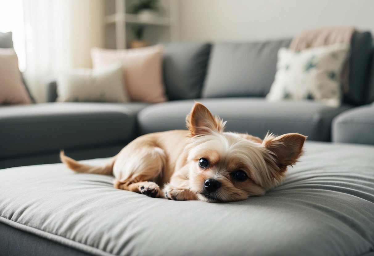 A serene small dog peacefully lounging in a cozy home environment, surrounded by calm and tranquil surroundings