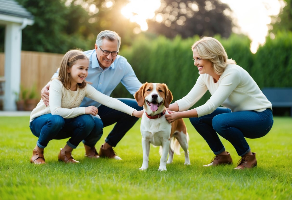 A happy family playing with a friendly, loyal dog in a spacious backyard