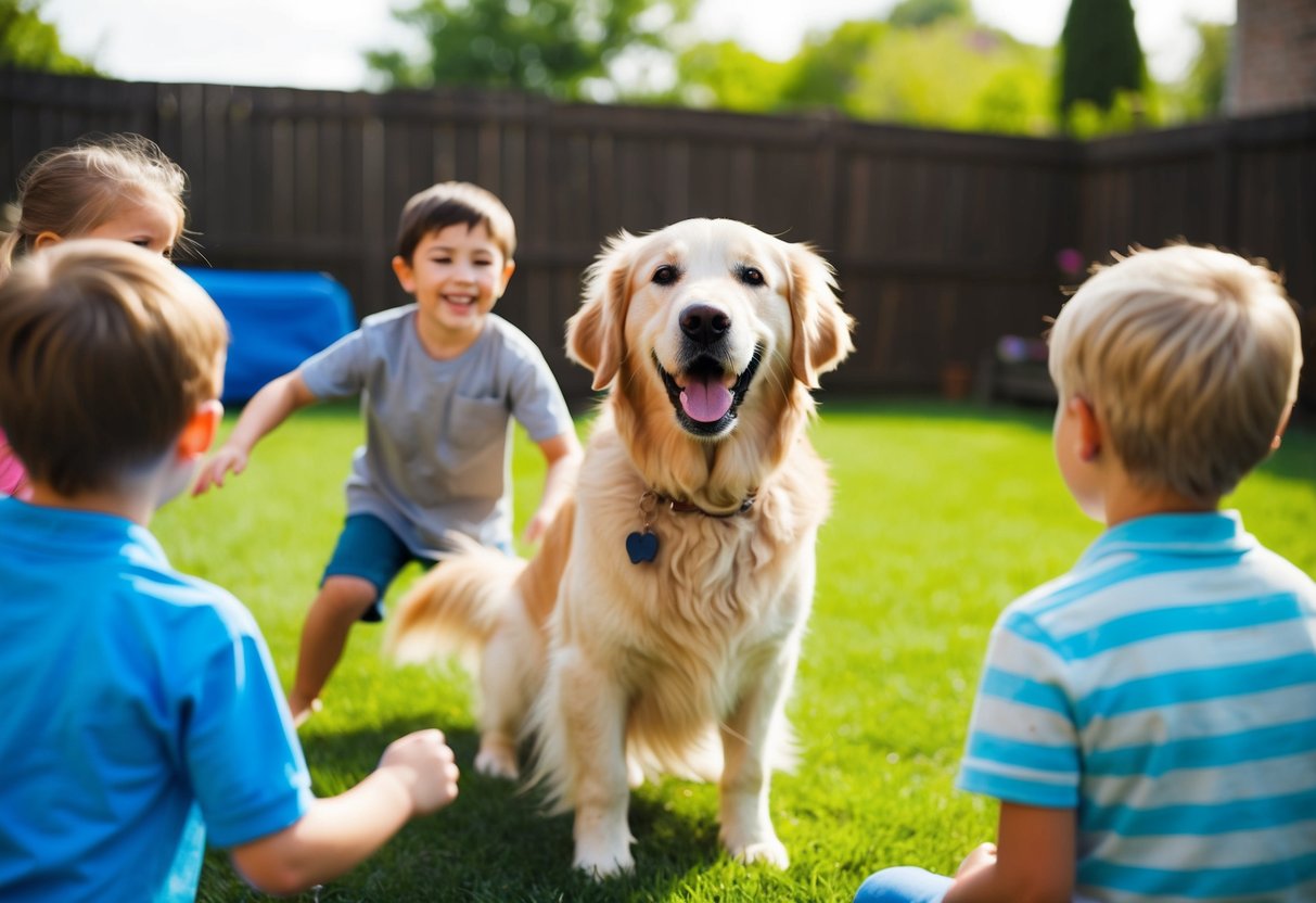 A golden retriever playing with children in a backyard, wagging its tail and looking joyful