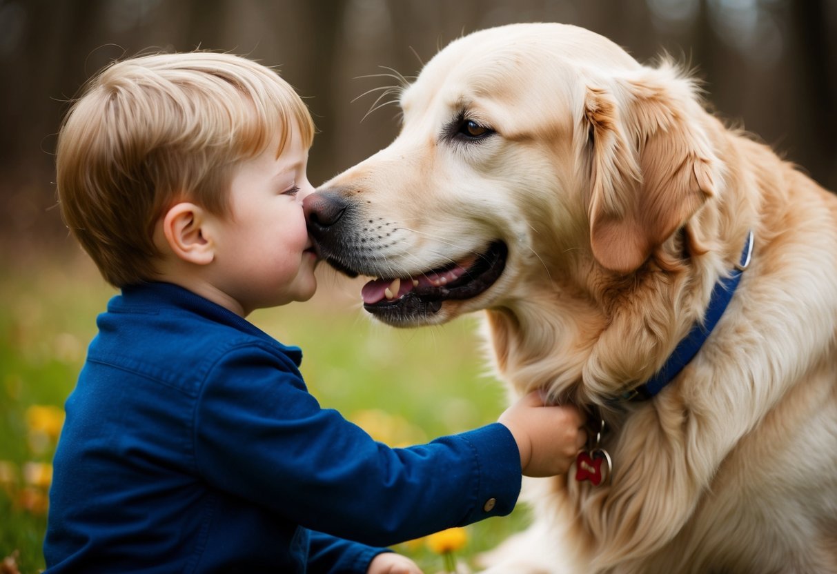 A golden retriever nuzzling a child's face with a wagging tail