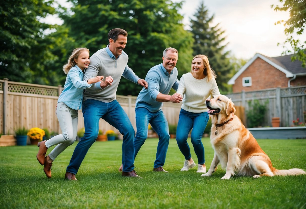 A happy family playing with a friendly and loyal golden retriever in a spacious backyard